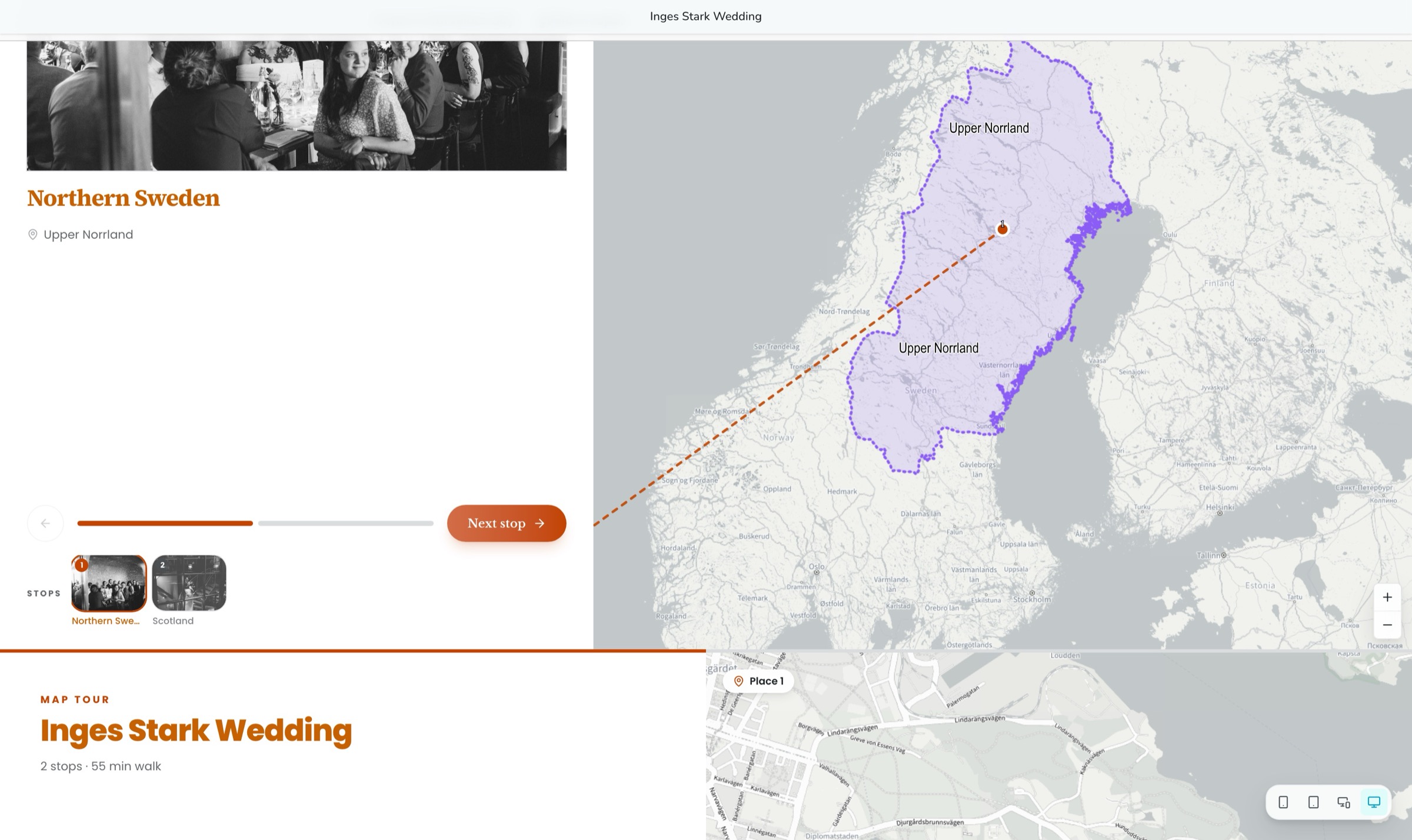 En map tour i OrbGIS med ruttkarta och stoppnavigering